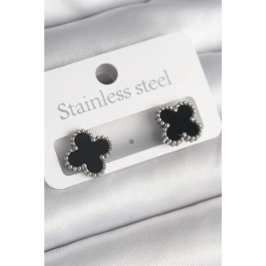 Erb 316L Çelik Gümüş Renk Siyah Yonca Model Kadın Küpe