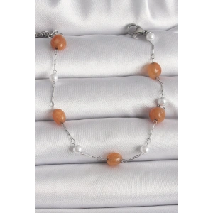 Erb 316L Çelik Gümüş Renk Turuncu Doğaltaş Model İnci Detay Kadın Bileklik