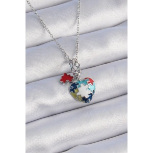 Erb 316L Çelik Gümüş Renk Yapboz Motif Kalp Figür Charm Model Kadın Kolye