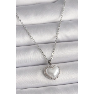 Erb 316L Çelik Gümüş Renk Zincir 3D İnci Kalp Model Kadın Kolye