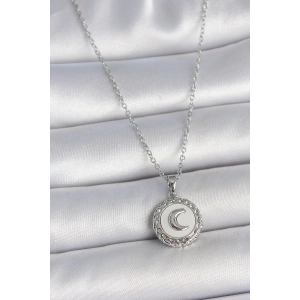 Erb 316L Çelik Gümüş Renk Zincir Beyaz Mineli Hilal İşlemeli Madalyon Model Kadın Kolye