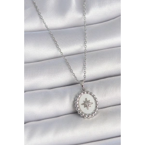 Erb 316L Çelik Gümüş Renk Zincir Beyaz Mineli Kutup Yıldız İşlemeli Madalyon Model Kadın Kolye