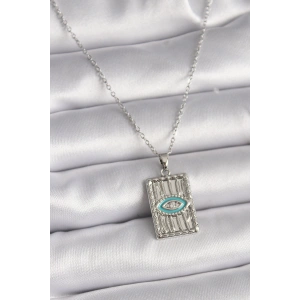 Erb 316L Çelik Gümüş Renk Zincir Göz İşlemeli Madalyon Model Kadın Kolye