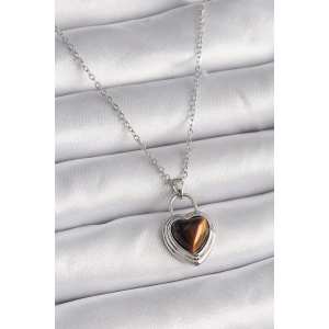 Erb 316L Çelik Gümüş Renk Zincir Kilit Kalp Kehribar Boncuk Model Kadın Kolye