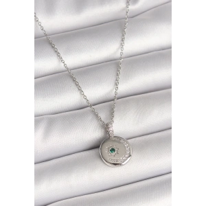 Erb 316L Çelik Gümüş Renk Zincir Madalyon Zirkon Taşlı İşlemeli Hilal Yıldız Model Kadın Kolye