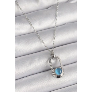 Erb 316L Çelik Gümüş Renk Zincir Mavi Kedi Göz Model Kadın Kolye