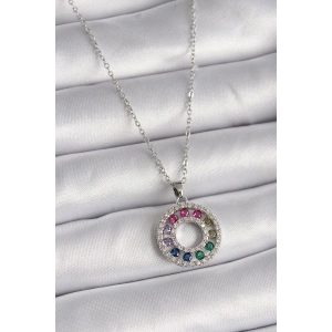 Erb 316L Çelik Gümüş Renk Zincir Renkli Zirkon Taşlı Madalyon Model Kadın Kolye