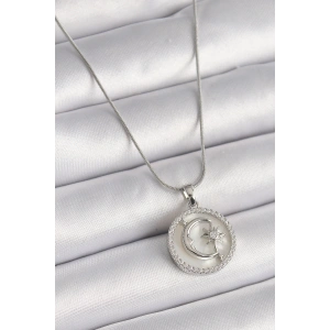 Erb 316L Çelik Gümüş Renk Zincir Zirkon Taş Detaylı Beyaz Sedefli Ay Yıldız İşleme Kadın Kolye