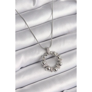 Erb 316L Çelik Gümüş Renk Zincir Zirkon Taş Detaylı Bombeli Halka Model Kadın Kolye