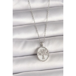 Erb 316L Çelik Gümüş Renk Zincir Zirkon Taş İşlemeli Beyaz Mineli Ağaç İşlemeli Portre Model Kadın Kolye