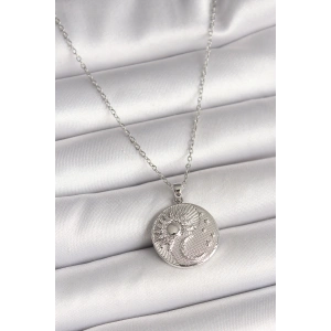 Erb 316L Çelik Gümüş Renk Zincir Zirkon Taşlı Ay Güneş İşlemeli Madalyon Model Kadın Kolye
