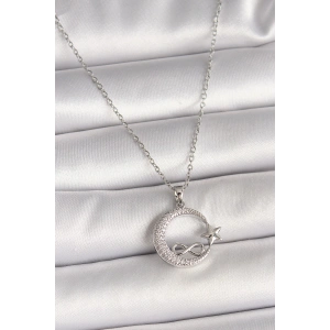 Erb 316L Çelik Gümüş Renk Zincir Zirkon Taşlı Ay Yıldız Model Sonsuzluk Detay Kadın Kolye