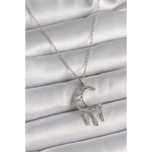 Erb 316L Çelik Gümüş Renk Zincir Zirkon Taşlı Hilal Model Sallantı Yaprak Detay Kadın Kolye