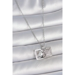 Erb 316L Çelik Gümüş Renk Zincir Zirkon Taşlı İncili Açılır Elmas Model Kadın Kolye