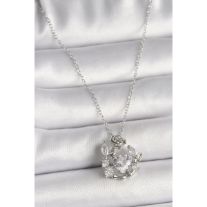 Erb 316L Çelik Gümüş Renk Zincir Zirkon Taşlı Kalp Figür Gül Detay Kadın Kolye