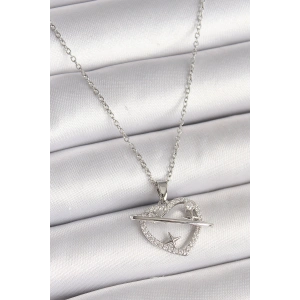 Erb 316L Çelik Gümüş Renk Zincir Zirkon Taşlı Kalp Model Yıldız Detay Kadın Kolye