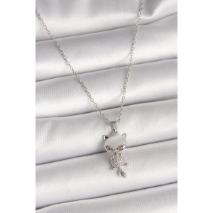 Erb 316L Çelik Gümüş Renk Zincir Zirkon Taşlı Kedi Model Kadın Kolye