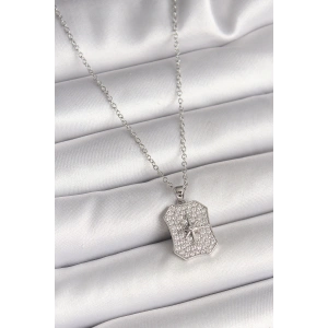 Erb 316L Çelik Gümüş Renk Zincir Zirkon Taşlı Kutup Yıldız İşlemeli Madalyon Model Kadın Kolye