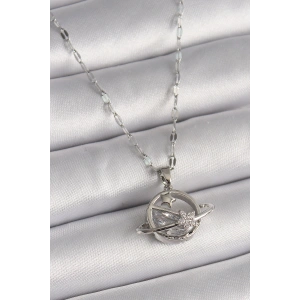 Erb 316L Çelik Gümüş Renk Zincir Zirkon Taşlı Yıldız Detay Gezegen Model Kadın Kolye