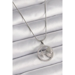 Erb 316L Çelik Gümüş Renk Zincir Zirkon Taşlı Yıldız Madalyon Model Kadın Kolye
