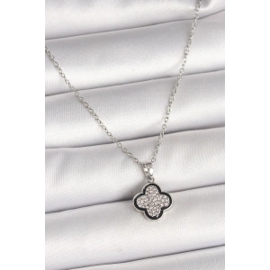 Erb 316L Çelik Gümüş Renk Zincir Zirkon Taşlı Yonca Model Kadın Kolye