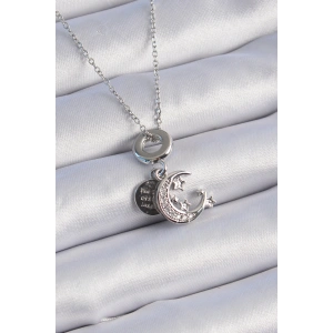 Erb 316L Çelik Gümüş Renk Zirkon Taşlı Ay Yıldız  Figür Charm Model Kadın Kolye