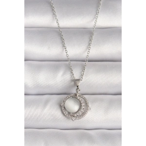 Erb 316L Çelik Gümüş Renk Zirkon Taşlı Beyaz Sedefli Hilal Model Kadın Kolye