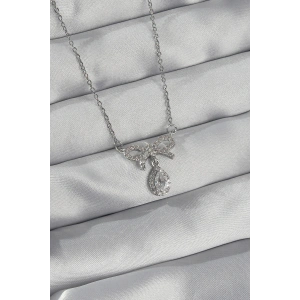 Erb 316L Çelik Gümüş Renk Zirkon Taşlı Fiyonk Detay Damla Kolye