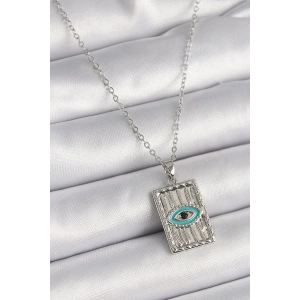 Erb 316L Çelik Gümüş Renk Zirkon Taşlı Göz İşleme Detaylı Plaka Model Kadın Kolye