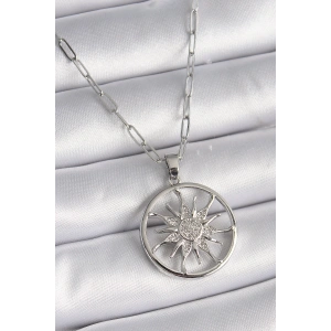 Erb 316L Çelik Gümüş Renk Zirkon Taşlı Güneş Madalyon Model Kadın Kolye