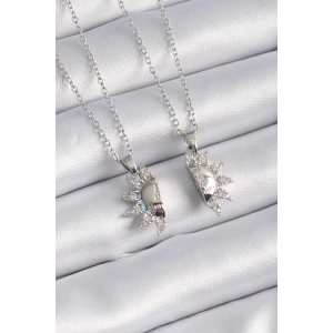 Erb 316L Çelik Gümüş Renk Zirkon Taşlı Güneş Model İşleme Yazı Detay Arkadaşlık Kolyesi