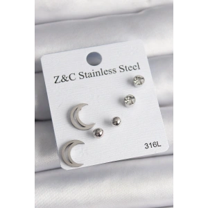 Erb 316L Çelik Gümüş Renk Zirkon Taşlı Hilal Model Kadın Küpe Seti