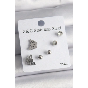 Erb 316L Çelik Gümüş Renk Zirkon Taşlı Kelebek Model Kadın Küpe Seti