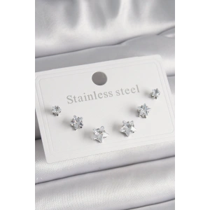 Erb 316L Çelik Gümüş Renk Zirkon Taşlı Yıldız Model Kadın Küpe Seti