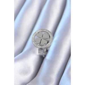 Erb 316L Çelik Gümüş Renk Zirkon Taşlı Yonca Model Kadın Yüzük