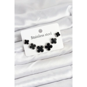 Erb 316L Çelik Gümüş Siyah Renk 3 Boy Yonca Küpe Seti