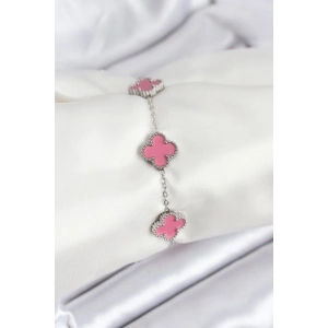 Erb 316L Çelik Gümüş Zincir Pembe Renk Yonca Bileklik