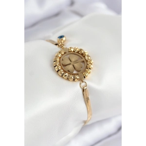 Erb 316L Çelik Nazar Boncuk Detaylı Yonca Model İtalyan Zincir Gold Renk Kadın Bileklik