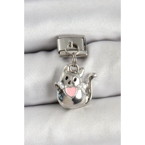 Erb 316L Çelik Sallantılı Kalp Detaylı Kedi Model Gümüş Renk Nomination Charm