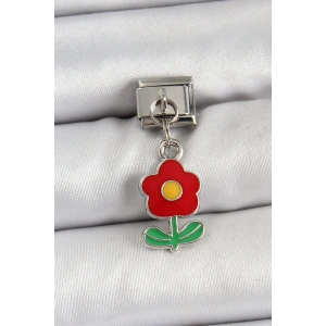 Erb 316L Çelik Sallantılı Kırmızı Papatya Model Gümüş Renk Nomination Charm