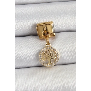 Erb 316L Çelik Sallantılı Zirkon Taşlı Hayat Ağacı Model Gold Renk Nomination Charm