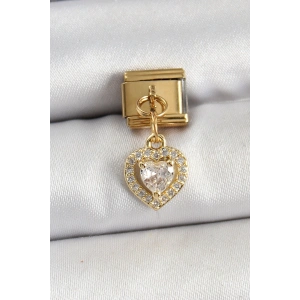 Erb 316L Çelik Sallantılı Zirkon Taşlı Kalp Model Gold Renk Nomination Charm