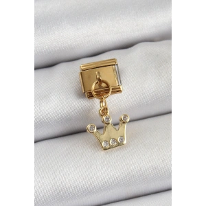 Erb 316L Çelik Sallantılı Zirkon Taşlı Kraliçe Tacı Model Gold Renk Nomination Charm