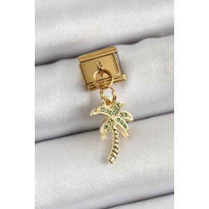 Erb 316L Çelik Sallantılı Zirkon Taşlı Palmiye Ağacı Model Gold Renk Nomination Charm