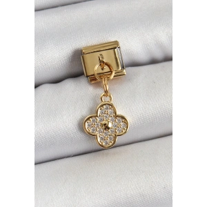 Erb 316L Çelik Sallantılı Zirkon Taşlı Yonca Model Gold Renk Nomination Charm