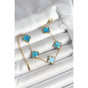 Erb 316L Çelik Sedefli Gökyüzü Mavisi Gold Renk Yonca Kadın Bileklik