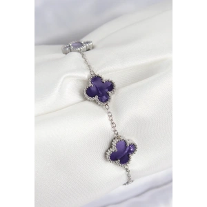 Erb 316L Çelik Sedefli Mor Gümüş Renk Yonca Kadın Bileklik