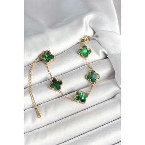 Erb 316L Çelik Sedefli Zümrüt Yeşil Gold Renk Yonca Kadın Bileklik