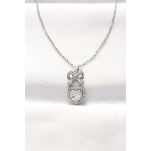 Erb 316L Çelik Silver Renk Zirkon Taşlı Kalpli Fiyonk Kolye