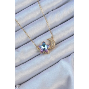 Erb 316L Çelik Zincir Altın Renk Ay Tasarımlı Renkli Zirkon Taşlı Çiçek Kolye